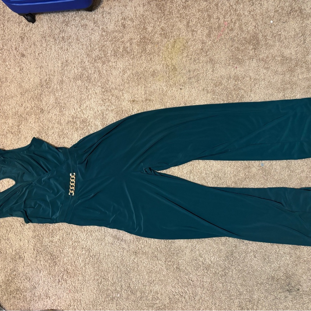 Teal Sleeveless Jumpsuit with Gold Accent